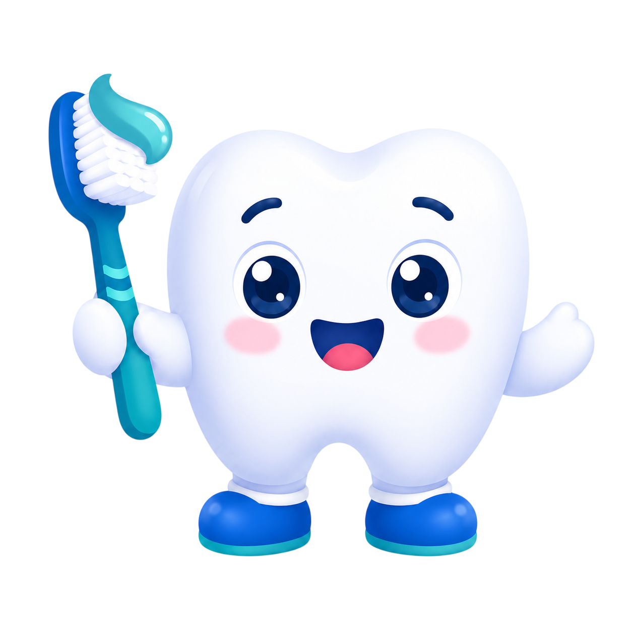 Smiley, the 20 to 32 mascot — a happy tooth holding a toothbrush